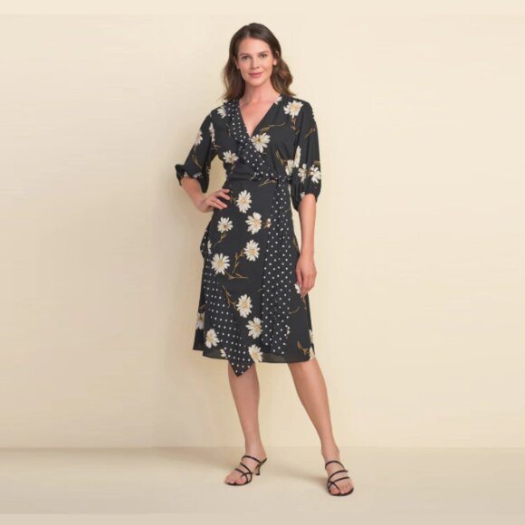 JOSEPH RIBKOFF Multi Floral & Polka Dot Dress Faux Wrap Knee Length Women's 12 - Picture 1 of 16